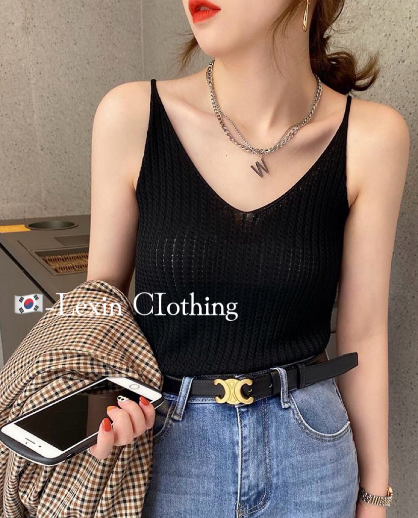 Knitted camisole women's suit with white undershirt, sexy V-neck summer outfit, tight fitting sleeveless top