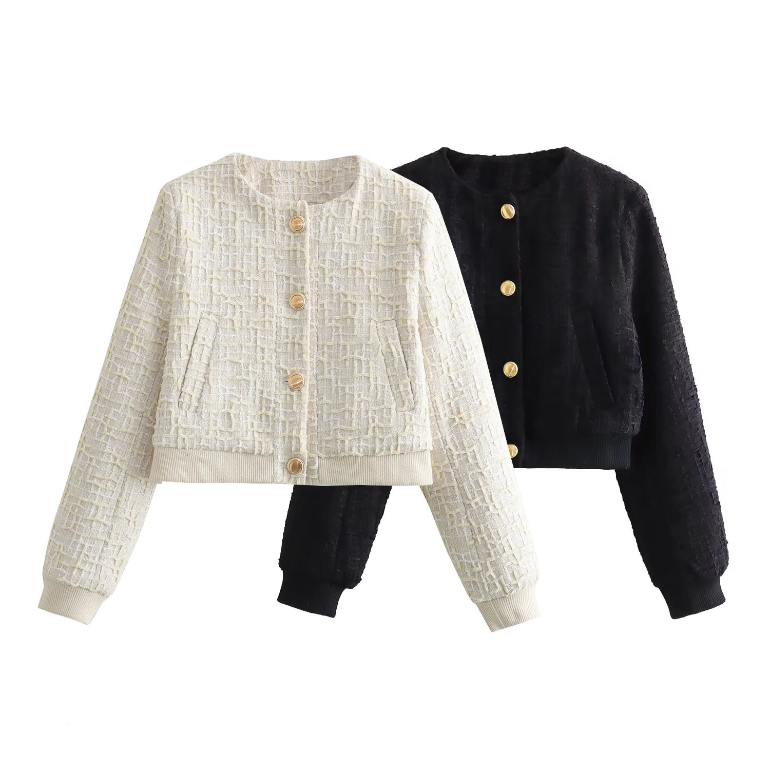 TRAF Autumn Cropped Jackets for Women Tweed Jacket Woman Long Sleeve Coat Woman Streetwear Basic Womens Jacket 240712