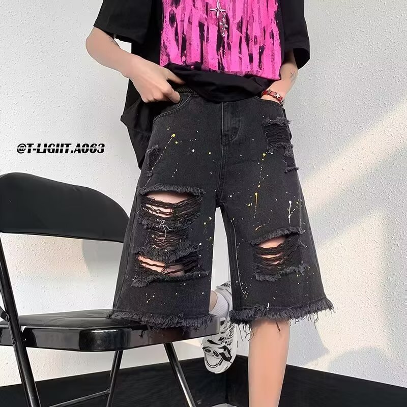Ripped denim shorts men in summer, thin design for beggars, five point pants, trendy brand American high street yellow mud colored horse pants
