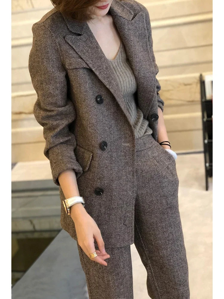 Women Woolen Blazer and Pantsuits Chic Elegant Korean Fashion Trousers Outfits Autumn Female Suit Jacket 2 Piece Sets 240717
