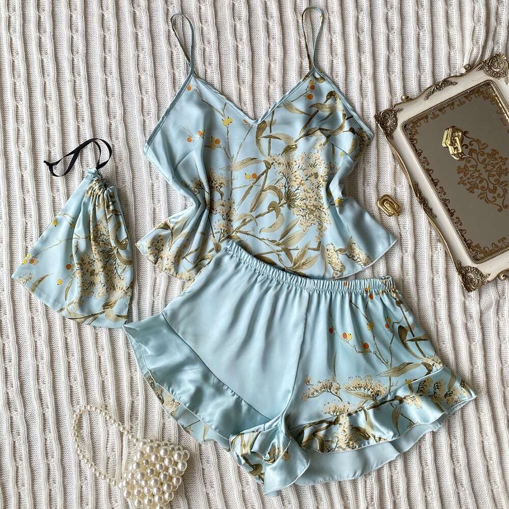 2 Pieces Ladies Sexy Silk Satin Pama Sleeveless Sleepwear Set Top and Shorts