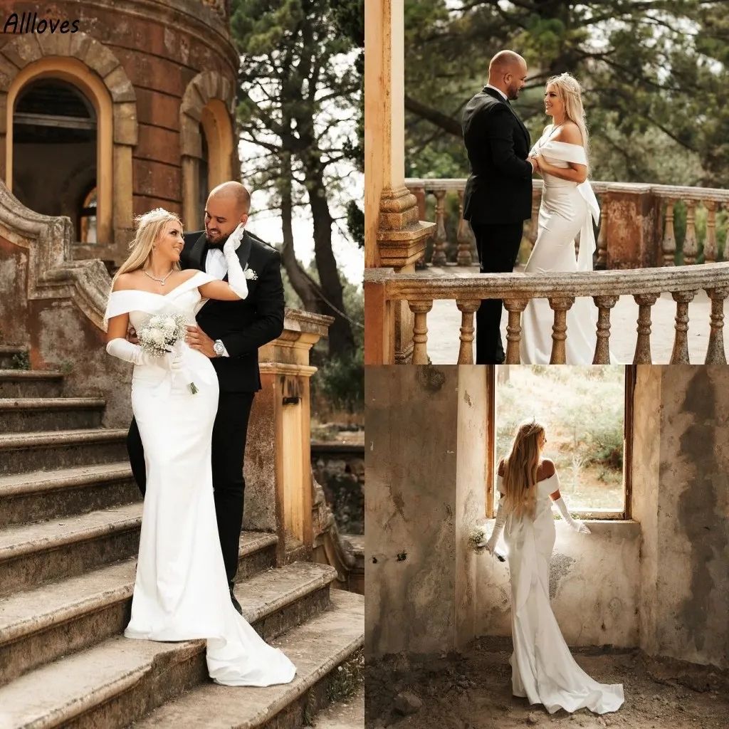 Boho Garden Simple Mermaid Wedding Dresses Sexy Off Shoulder Big Bow Back Women Bridal Gowns Sweep Custom Made