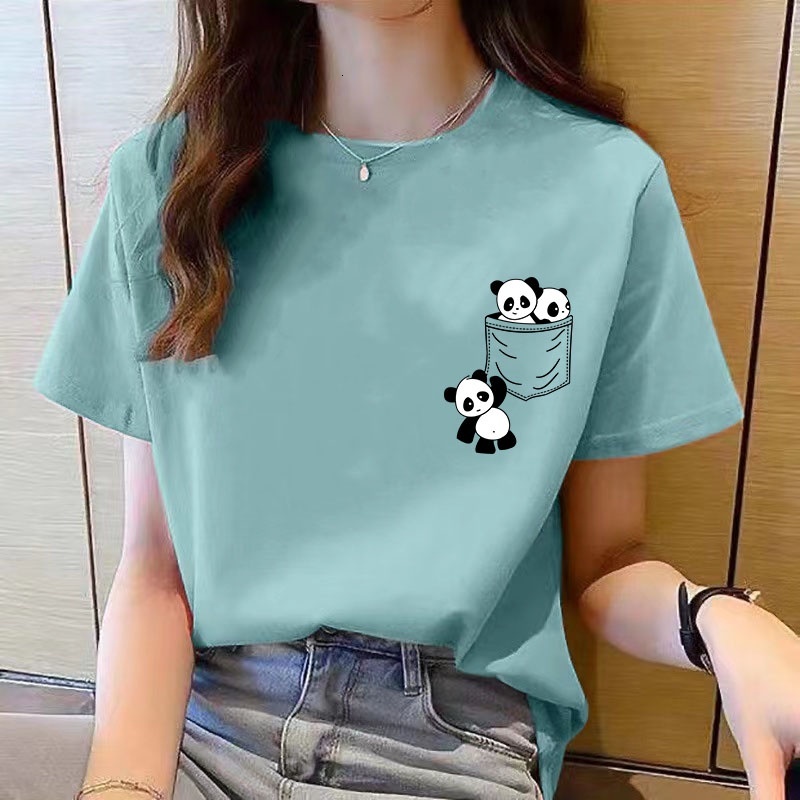 Year's clothing, women's tops, new Women's Short Sleeve Top Summer New pocket panda Cartoon Printed T-shirt Korean fashion tops Loose r