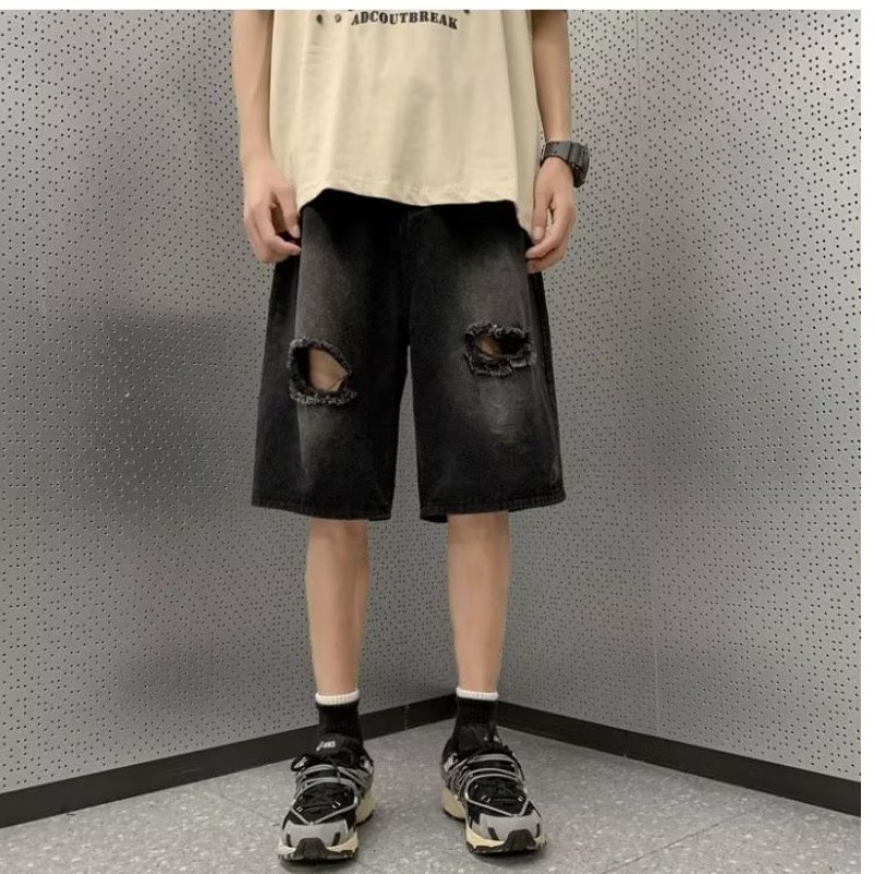 Ripped denim shorts for men in summer, thin with straps, cropped pants, trendy brand American loose straight leg horse pants