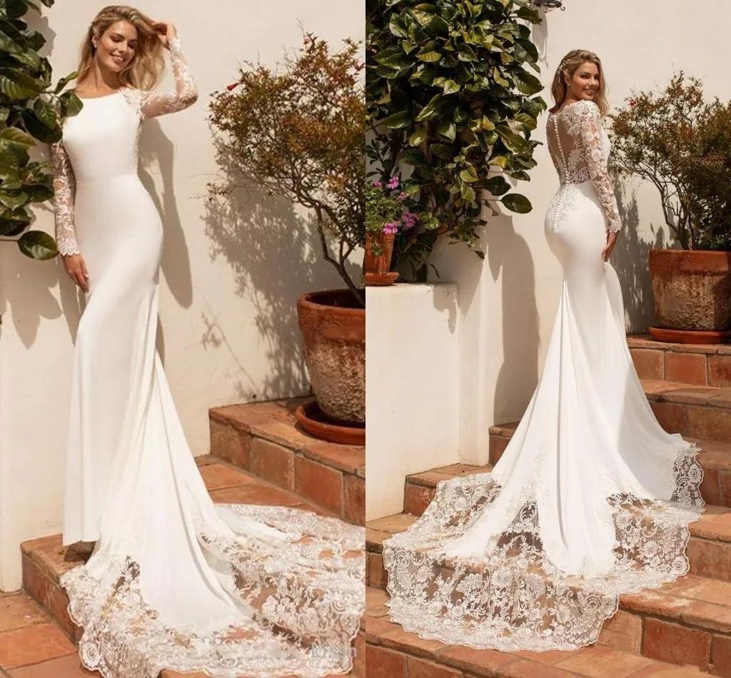 Modest Mermaid Wedding Dresses Boho Garden Satin Long Sleeves 2024 Lace Apliqued Jewel Neck Bridal Gowns Buttons Back robes de Mariee Custom Made