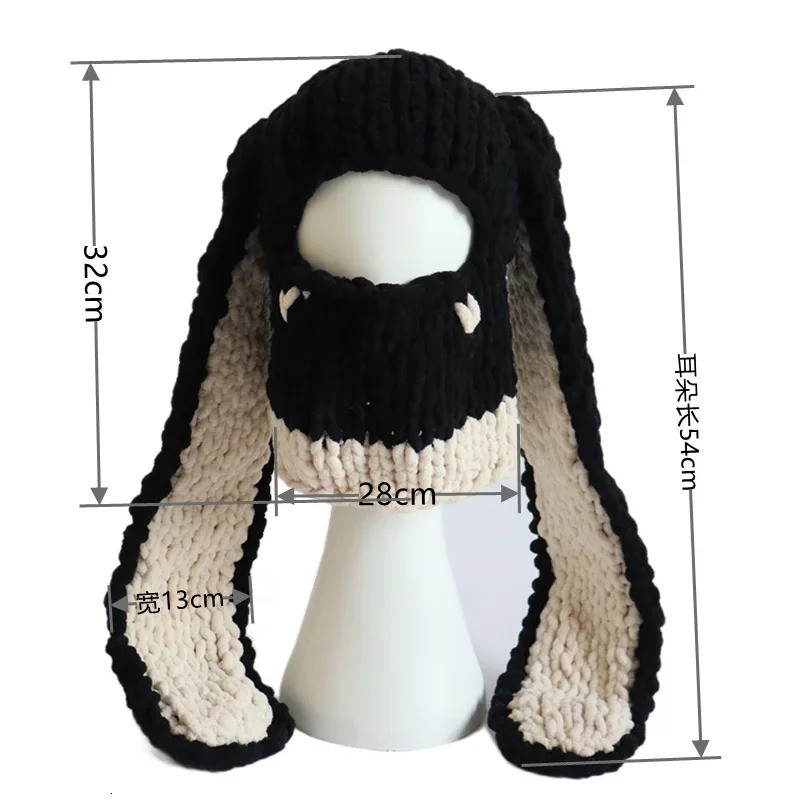 Y2K Womens Rabbit Ears Hand-knitted Hat Sweet and Cool Chick Thickened Thermal Mask Demon Hood Party Bear Beanie 240712