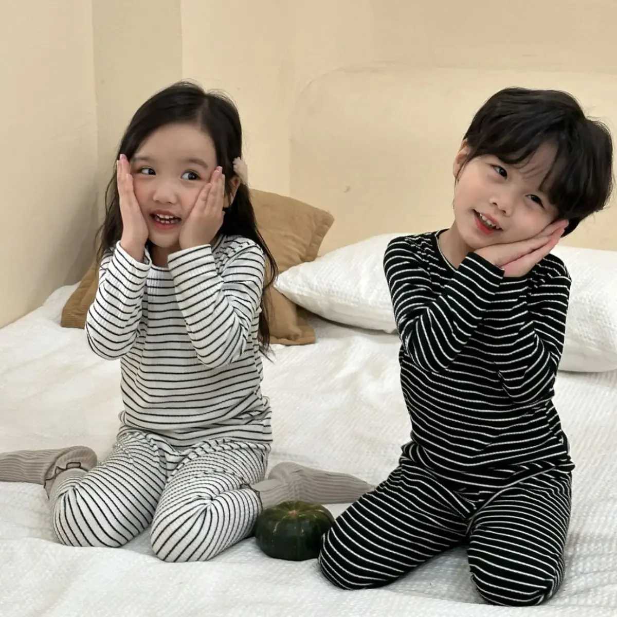 Autumn Baby Boys Striped Pajama Set Childrens Hot Underwear Childrens Pajama Lounge Clothing Cotton Girls Evening DressW240716