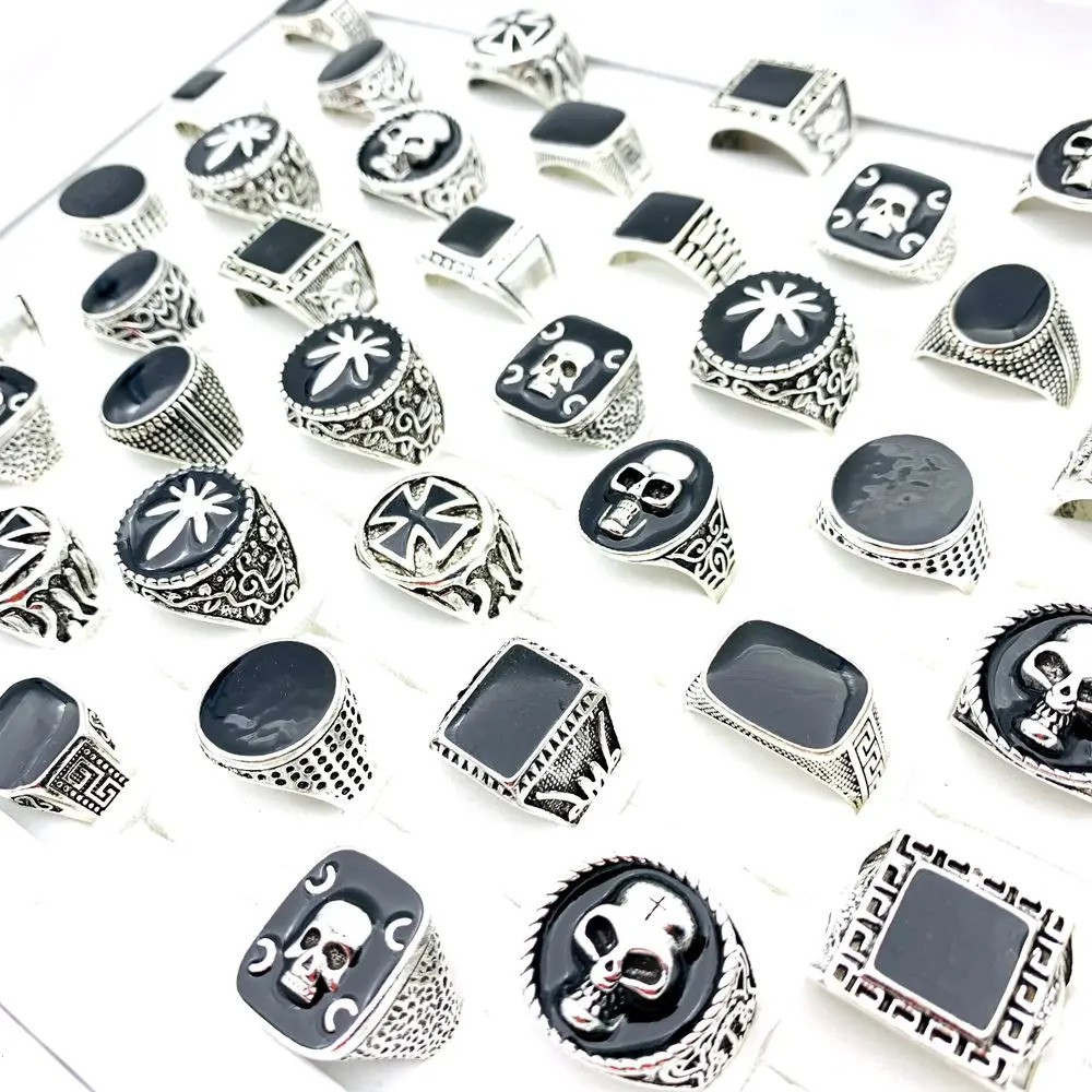 50 mens rings black enamel silver plated skull cross punk style fashionable jewelry wholesale 240710