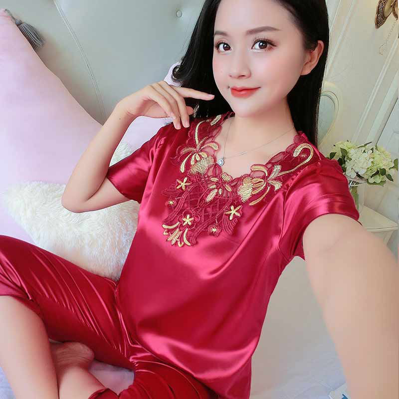 Ice Silk Pamas Women's Short Sleeve Capris Large Size Suit Noble Sleepwear Nightwear Bu Tidur