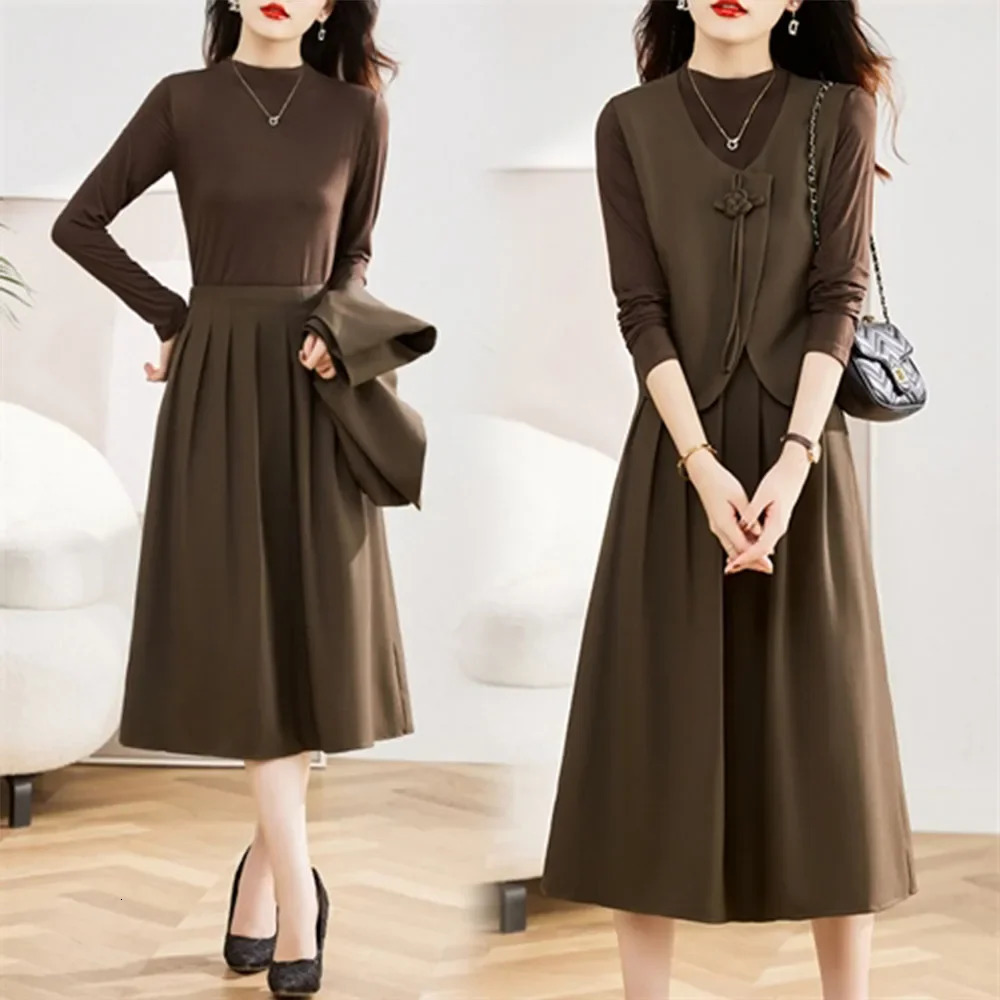 Autumn Fashion Vest Overlay Dress for Women Three Piece Set of Chinese Style Frog 240717