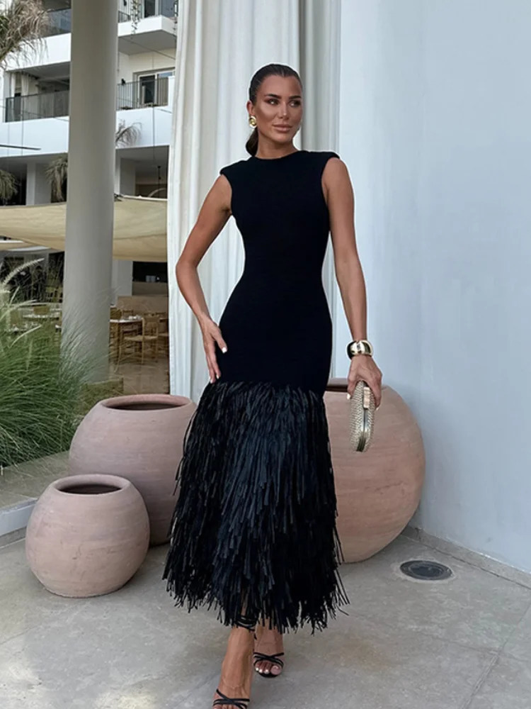 Fashion Tassels Patchwork Women Knit Midi Dress Elegant O-neck Sleveless Backless Zipper Bodycon Dresses Lady High Street Robes 240715