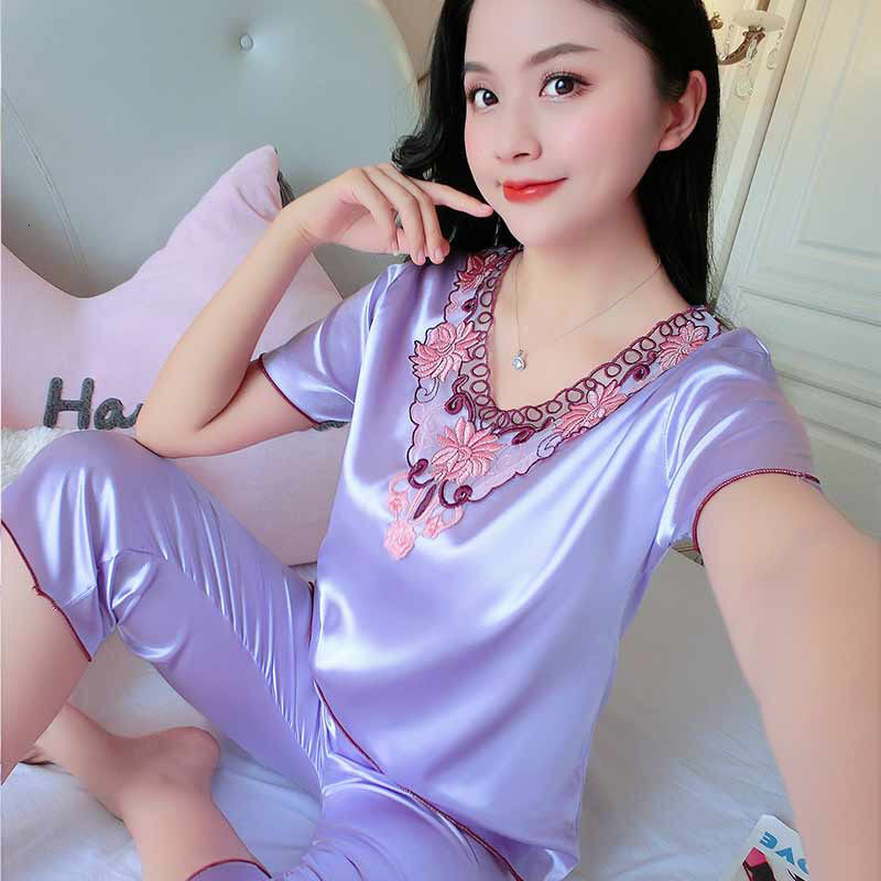 Ice Silk Pamas Women's Short Sleeve Capris Large Size Suit Noble Sleepwear Nightwear Bu Tidur