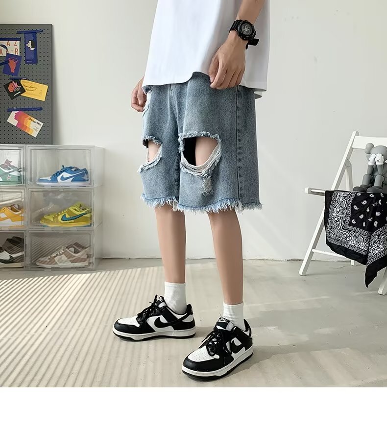 Perforated denim shorts summer thin, loose, straight leg pants, trendy Instagram for men's casual 5-point medium pants