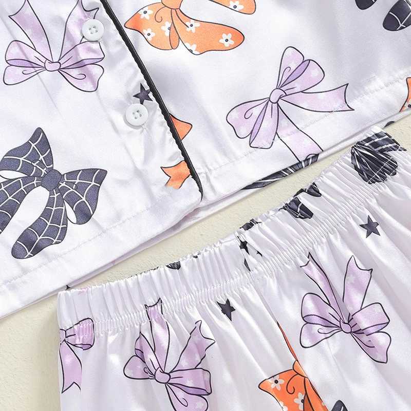 Suefenskry Childrens and Girls Halloween Pajama Set Long Sleeve Collar Pumpkin/Bow Print Shirt Pants Autumn Pajamas Casual Home ClothesW240716