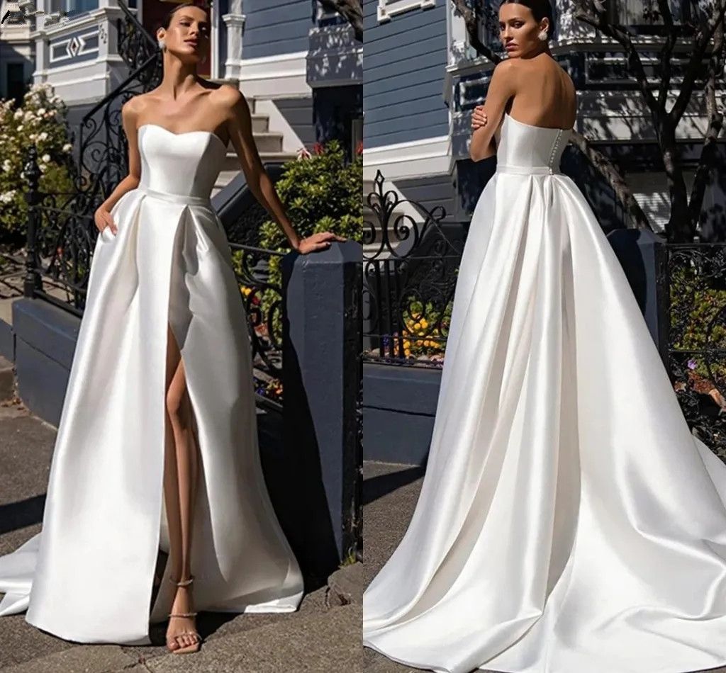 White Modern Simple Satin A Line Wedding Dresses For Bride Sweetheart Neck Empire Waist Fashion Bridal Gowns Sexy High Split Plus Size Reception Party