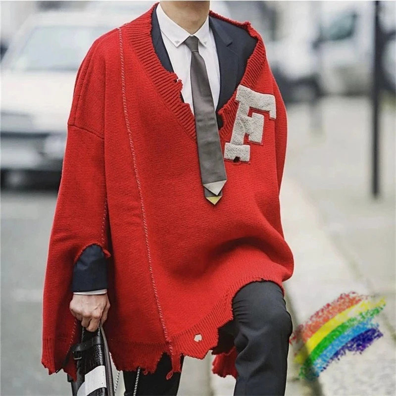 RAF SIMONS Vintage Badge Damaged Irregular Loose Red Sweater Knit Men Women Top Quality Casual Sweatshirts 240712