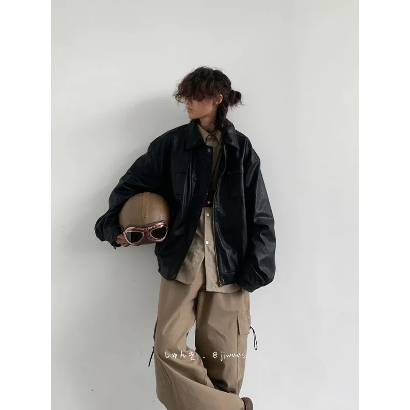 Autumn And Winter Leather Coat Men Y2K Japanese Retro Trend Set Of Wearing Function Wind Ruffian Handsome Loose PU Jacket 240716