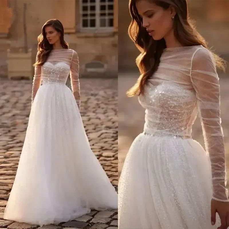 Sequined Tulle Wedding Dresses With Removable Cape Wraps Long Sleeves Romantic A Line Boho Bridal Gowns Floor Length Custom Made