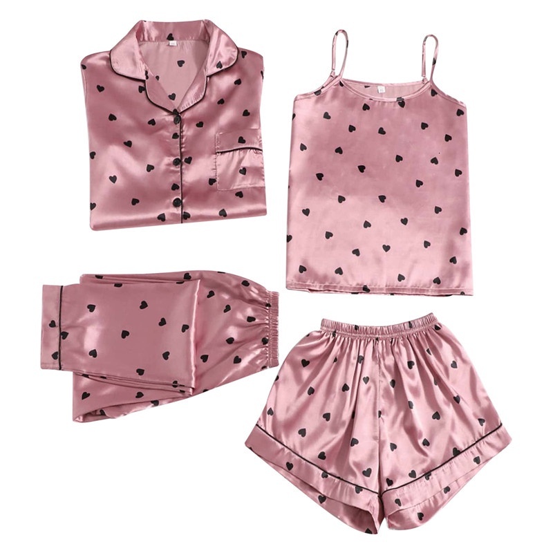 4 Pieces Silk Sets For Women Night Wear Sexy Sex Sling Shorts Sleeve Long Pants Satin Pamas