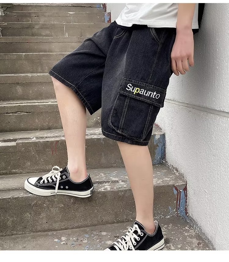 Boys' summer thin style, medium to large boys' denim shorts, workwear pants, loose fitting, and five point outerwear for children's pan