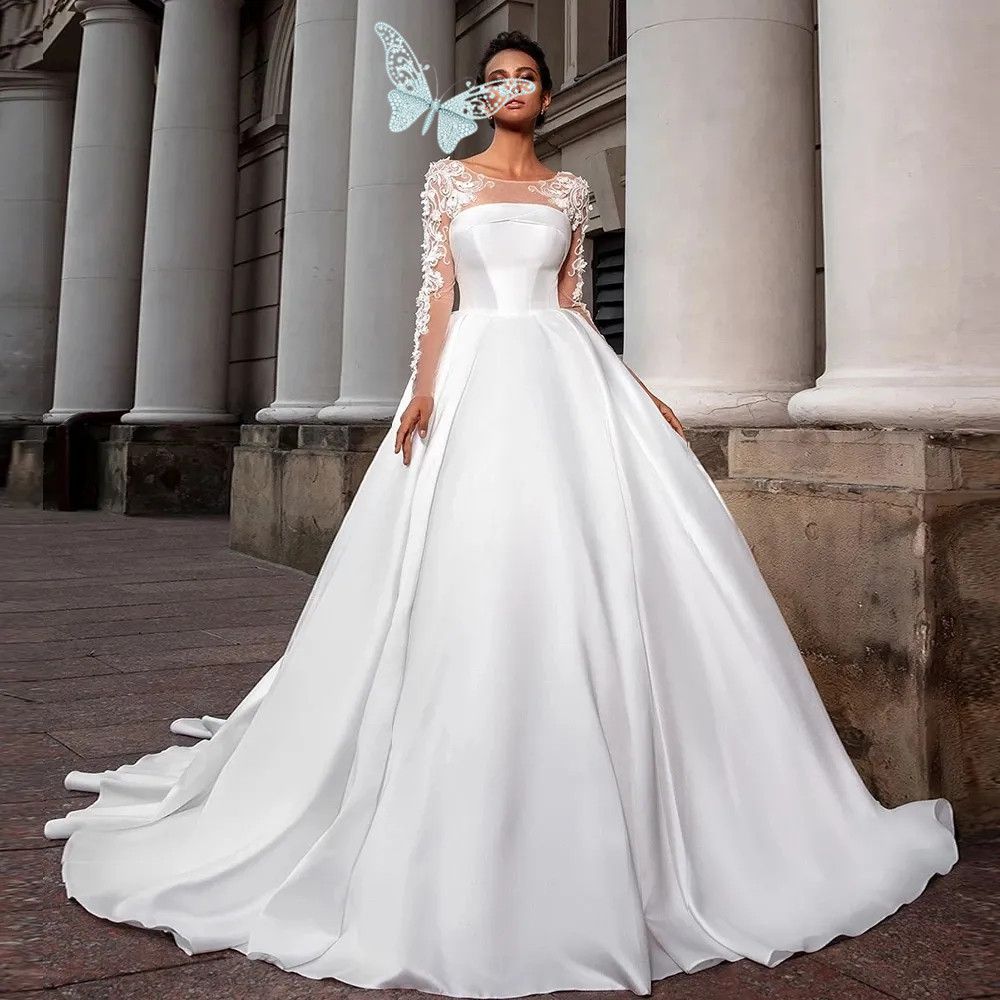 Fashion White Satin Wedding Gowns Appliqued Long Sleeves Sheer Neck Robes de Mariee Simple Boho Garden Sweep Train A Line Bridal Custom Made