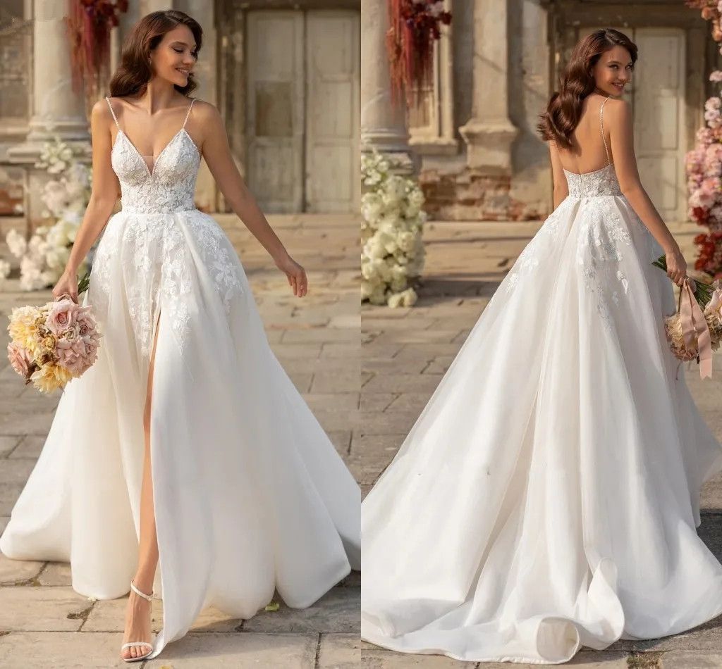 Sexy V Neck Spaghetti Straps A Line Wedding Dresses Lace Appliqued Front Split Vestidos Bridal Gowns Boho Garden Beach Backless Reception Dress For Br