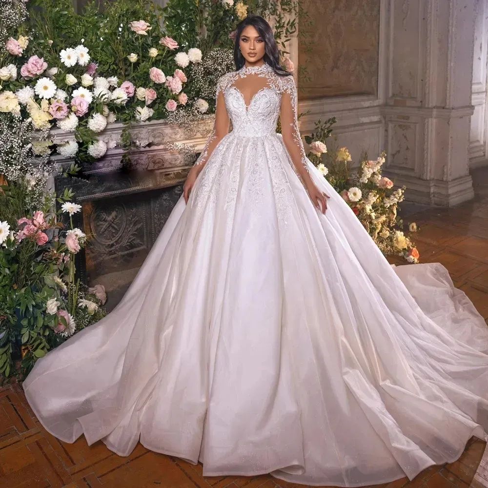Royal Ball Gown Wedding Dresses 2024 High Neck Long Sleeves Arabic Dubai Bridal Gowns With Lace Appliques Beaded Pleats Ivory White Robe De Mariee Cus
