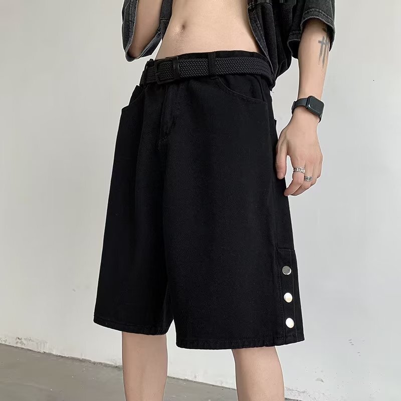 Denim shorts for men and women, Korean style trendy buckle slit, high street summer new ins five quarter pants