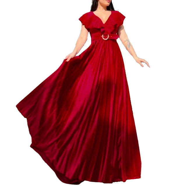 Oversized V-neck solid color pleated lotus leaf edge skirt formal dress dress
