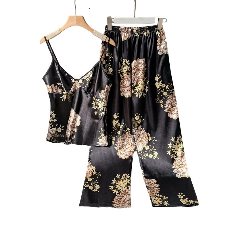 Floral Pama Ladies Sexy Silk Satin Sleepwear Set Top and Pant 2 Pices Beautiful Nightwear