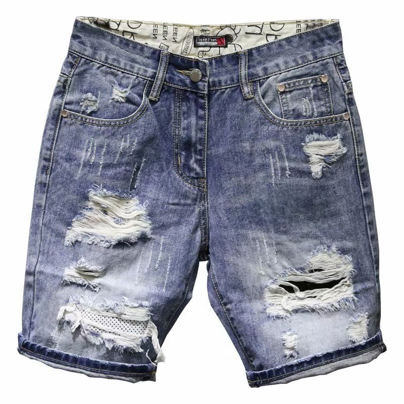 Summer Thin Print Ripped Denim Shorts Men's Loose Straight-leg Fifth K-style Trendy Japanese Style Pants
