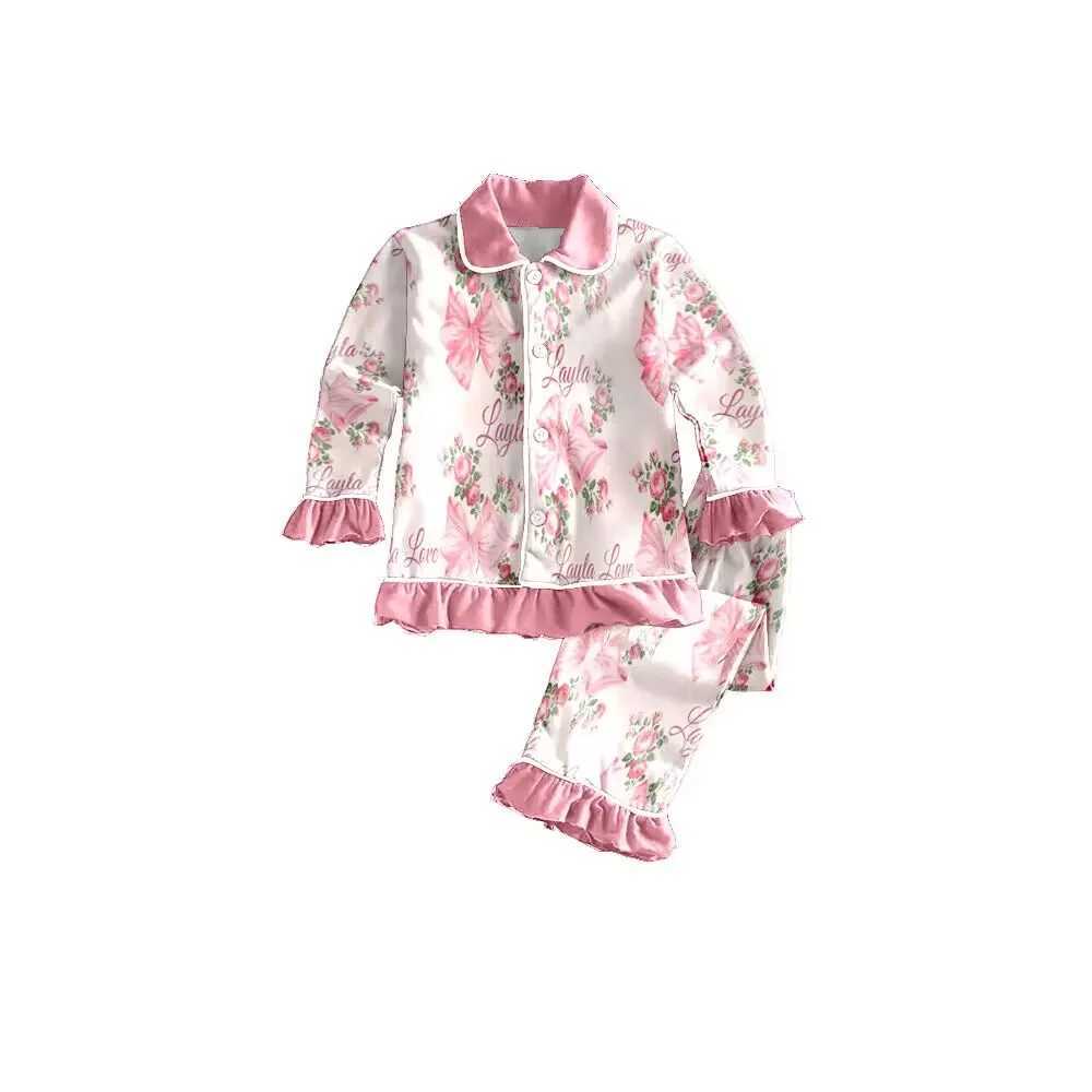 Boutique Printed Pajamas Childrens Girls Set Necklace Button Girls Pajamas 2-piece SetW240716