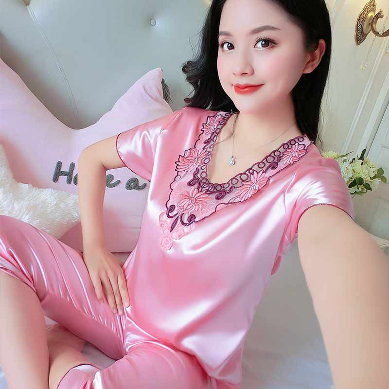 Ice Silk Pamas Women's Short Sleeve Capris Large Size Suit Noble Sleepwear Nightwear Bu Tidur