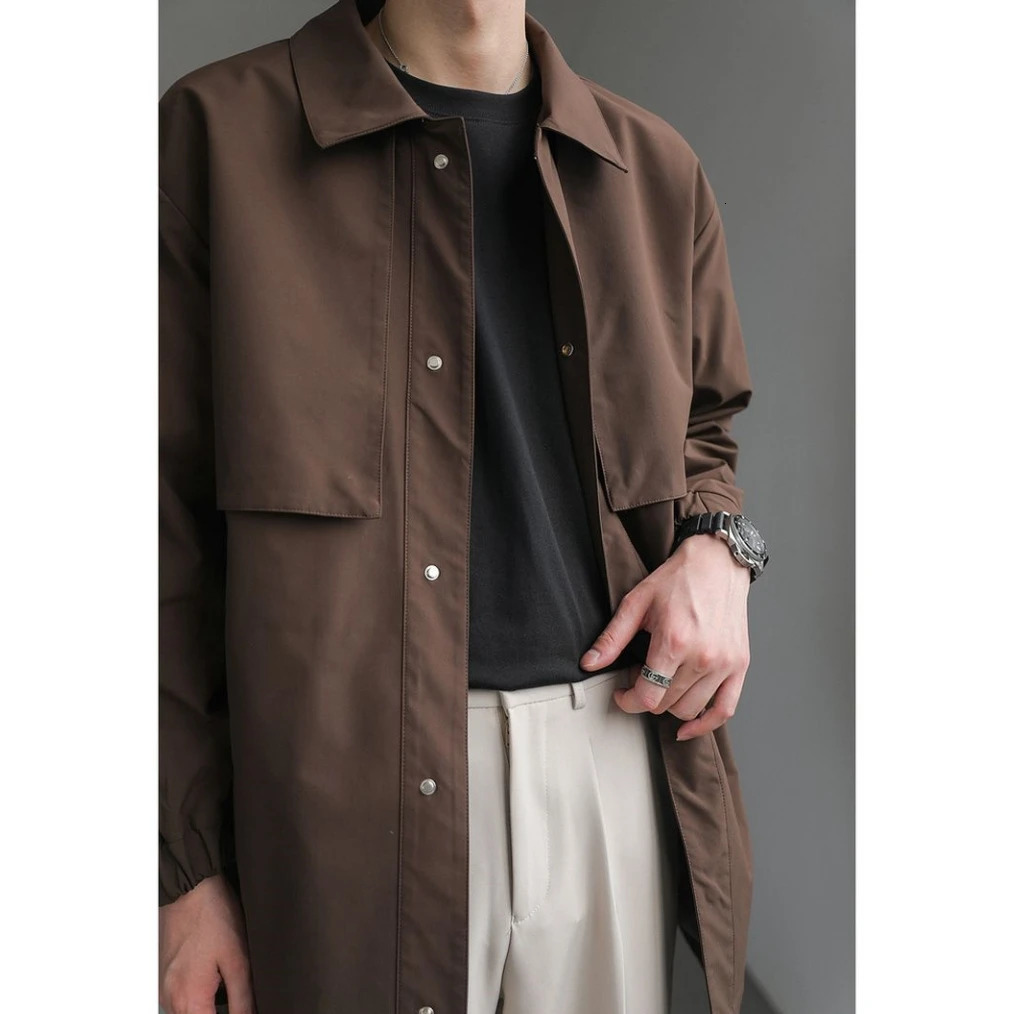 High-end Korean Fashion Mid-length Windbreaker Jacket Man Autumn Loose Casual Lapel Mens Windbreaker Trench Coat Men 240719