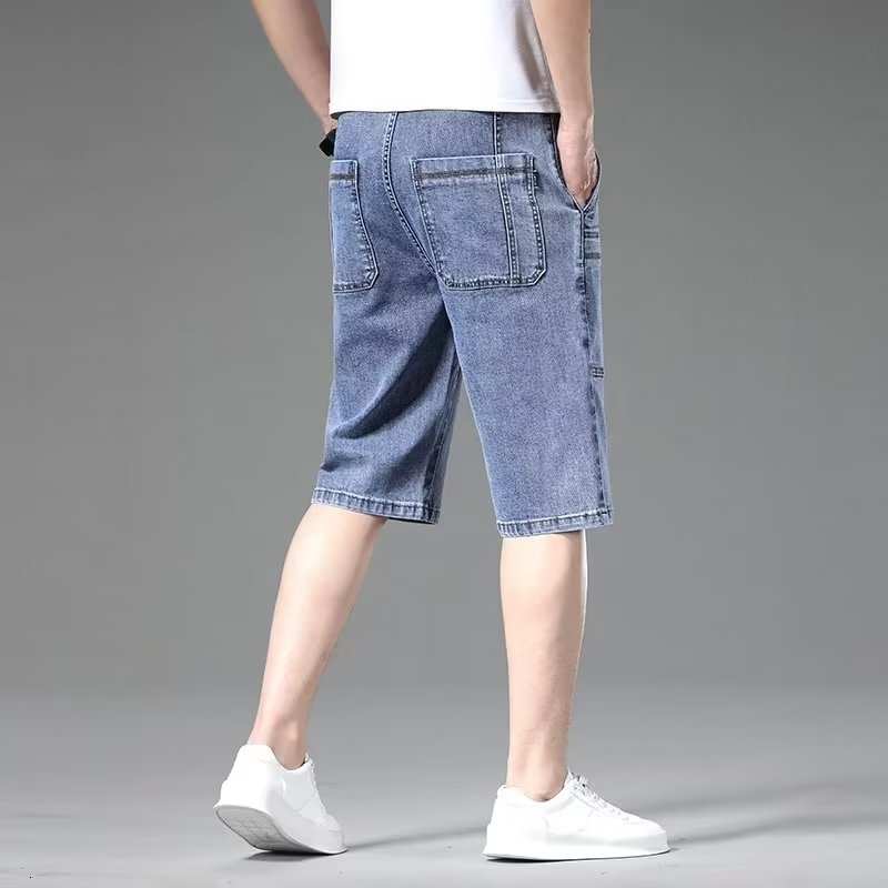 Fashionable denim shorts for men in summer, thin cut six pants, elastic loose straight leg seven inch oversized fashionable men's mid length pant