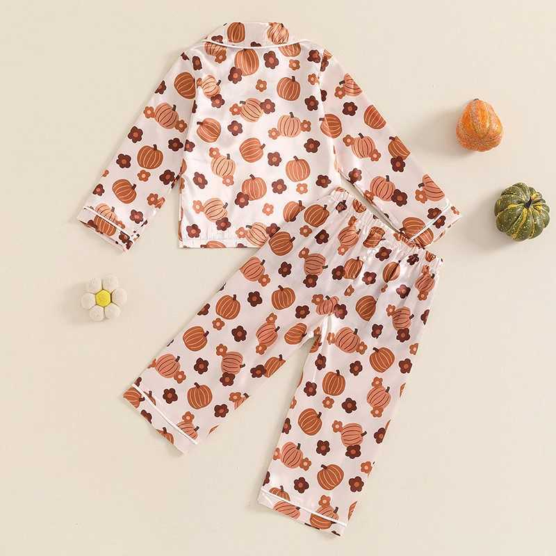 1-5Y Little Girl Satin Pajama Set Pumpkin Flower Long Sleeve Shirt Set Childrens Halloween Pajama Childrens Lounge SetW240716