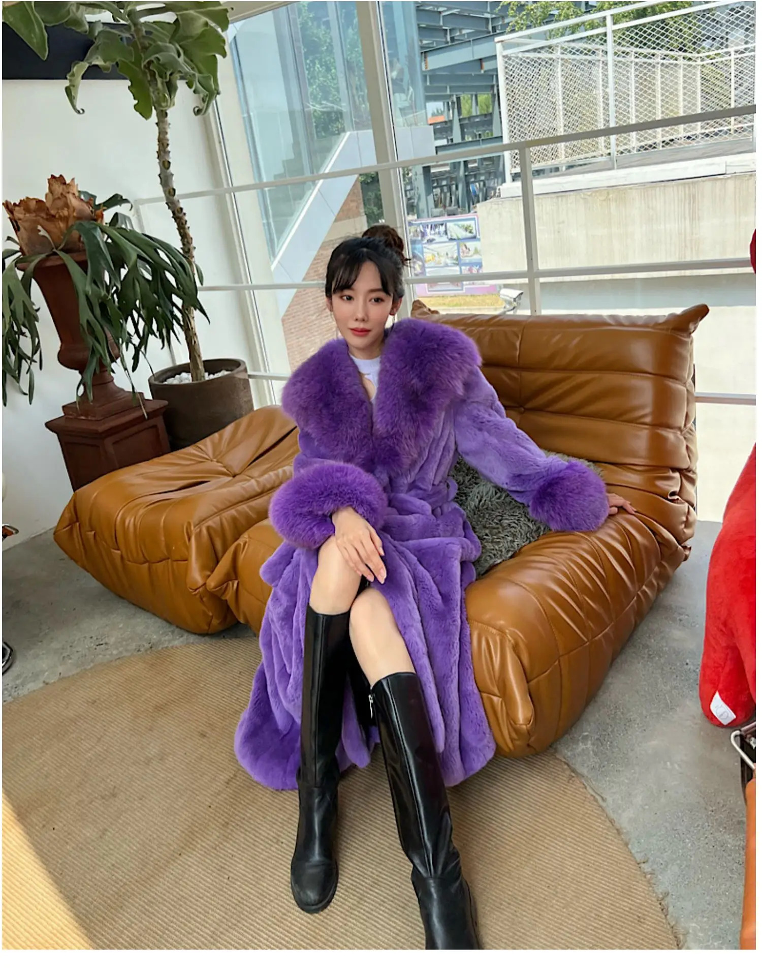 Winter Genuine 120Cm Length Real Rex Rabbit Fur Coats With Collar Trend Warm Natural Rabbit Fur Overcoat Women 240716