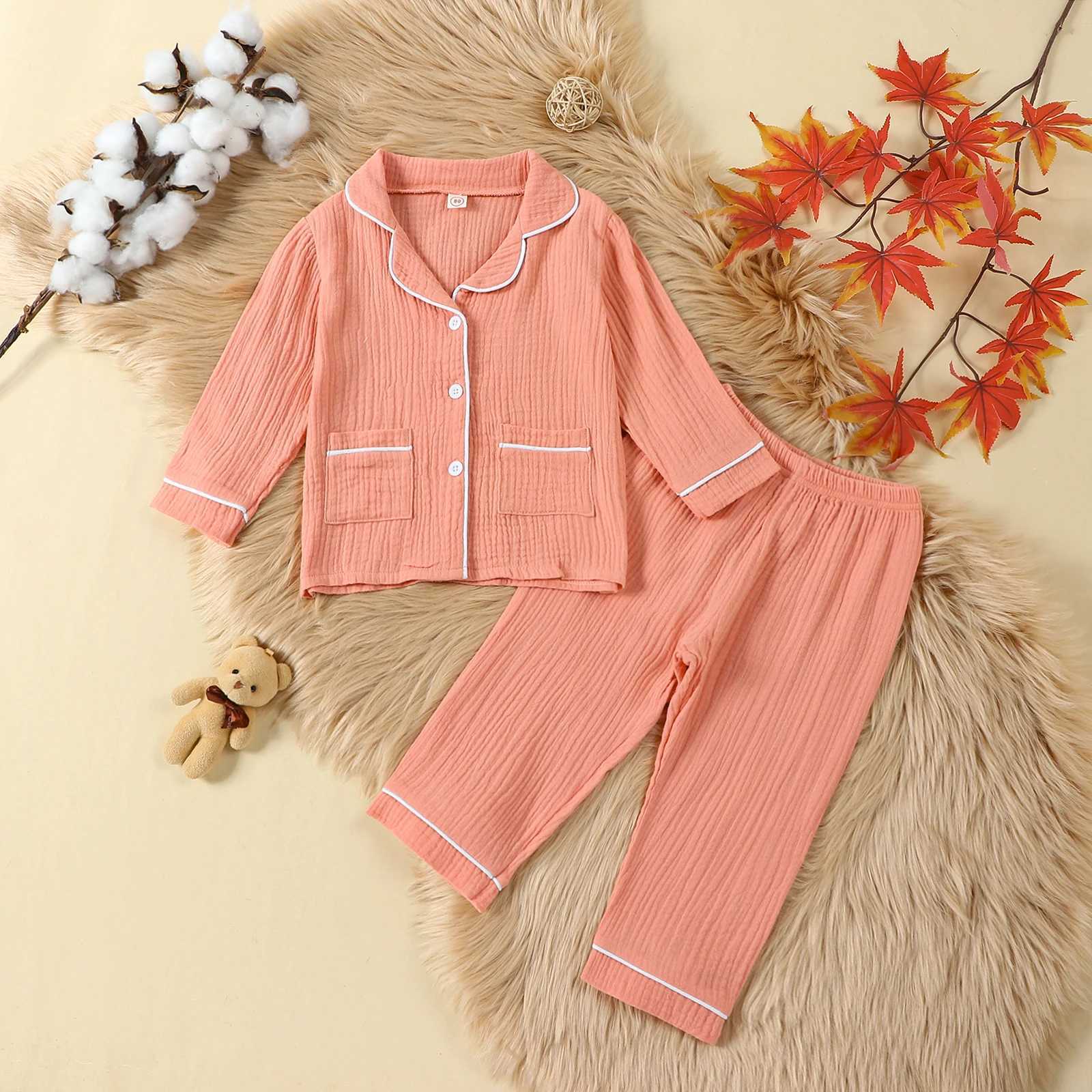 Childrens Girls and Boys Pajama Set Cotton Linen Casual Childrens Casual Clothing Long Sleeve Collar Top Elastic Waist Trouser Pajama SetW240716
