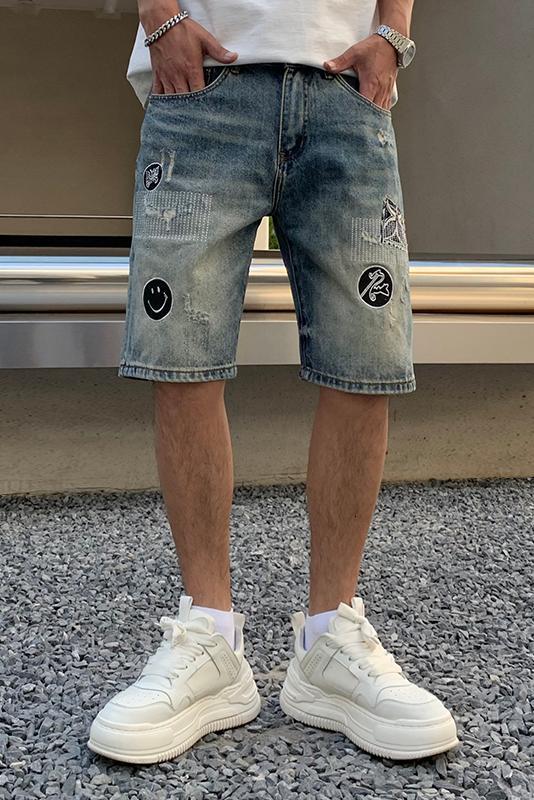 2024American style ripped embroidered denim shorts, men's loose trendy brand, cool and stylish mid length pants, summer thin fit, plus size five 