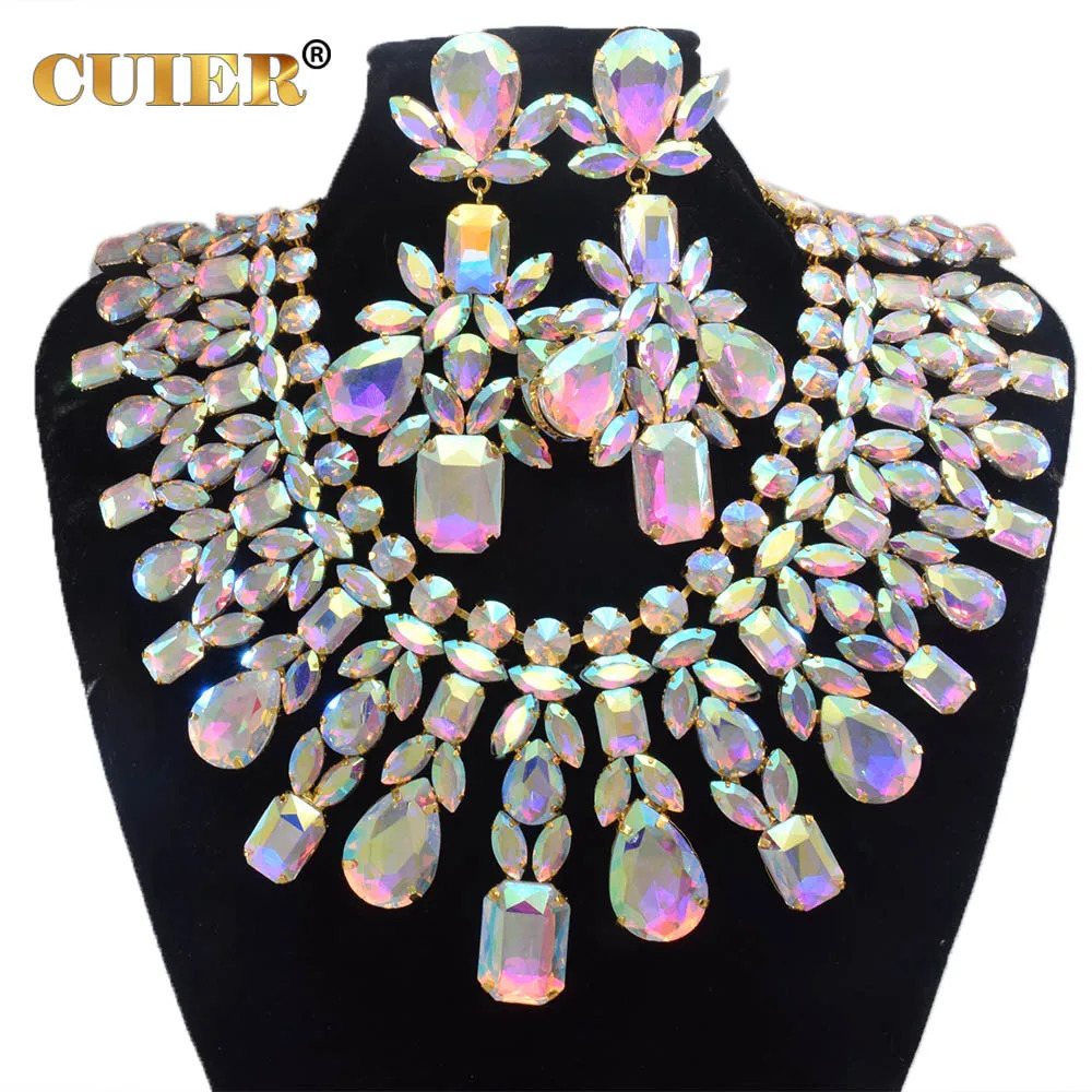 CUIER Super Shiny Glass Necklace and Earring Set Dragon Queen Large Size Jewelry Suitable for Beauty Pageant TV Program Accessories 240710