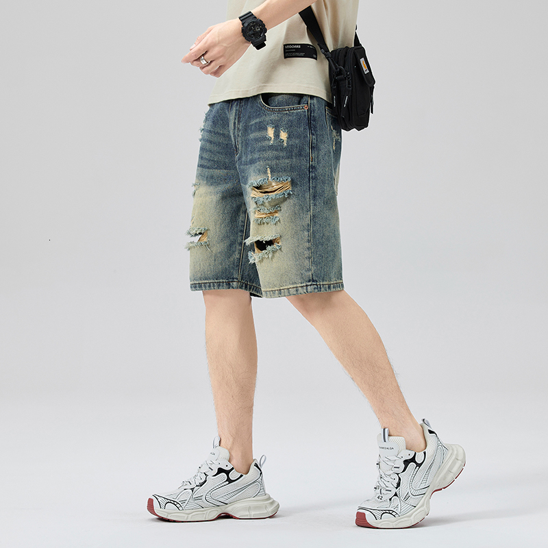 Summer fashion brand loose mid length five quarter pants, high-quality shorts, ripped jeans, men's