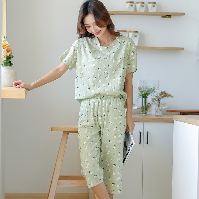 Gauze Pamas Women's Summer Short Sleeved Capri Pants Set Japanese Sweet Floral Pure Cotton Home Clothes