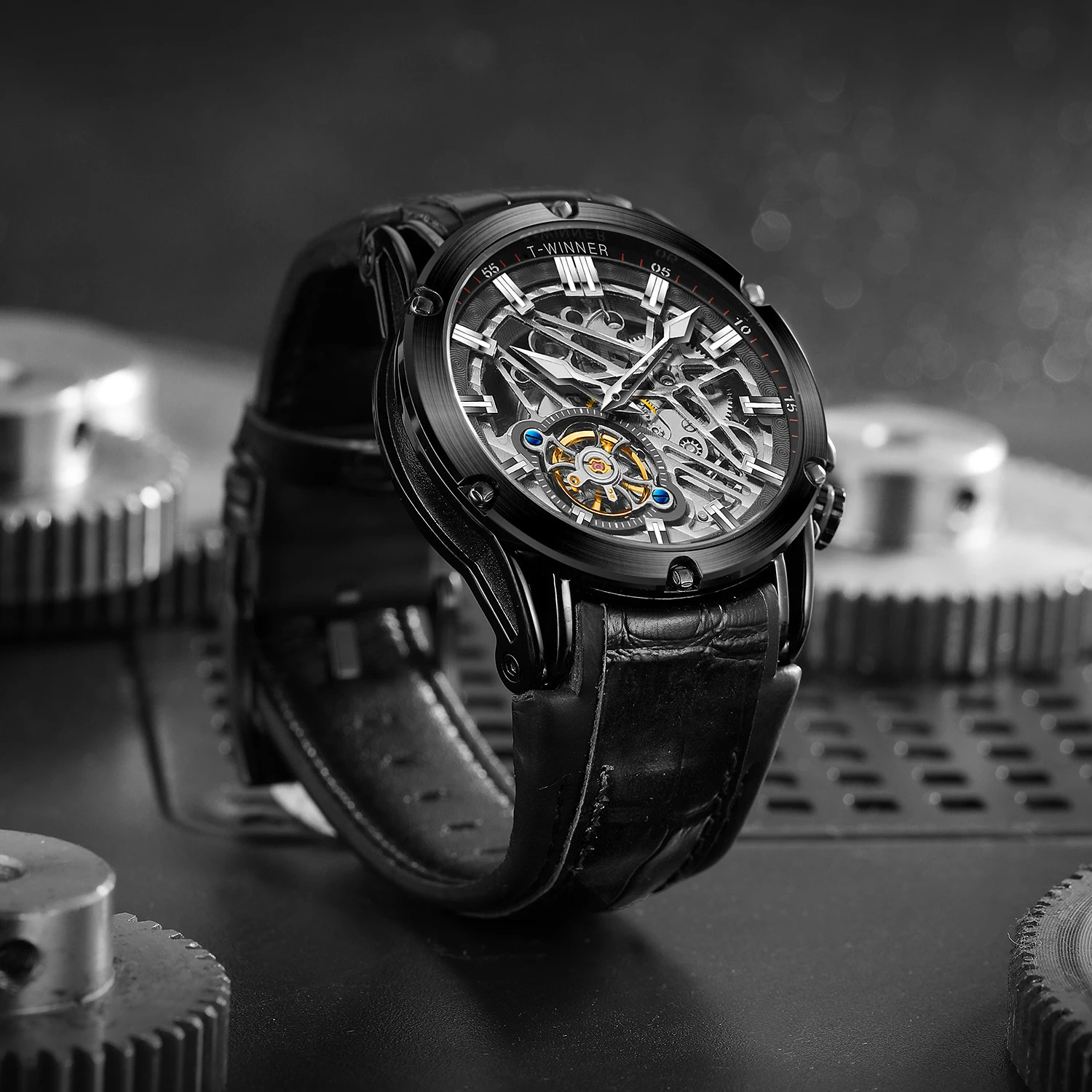 TWinner 2023 Men Automatic Mechanical Movement Watch Leather Strap Skeleton Fashion Waterproof for Male Gift Watches 240716