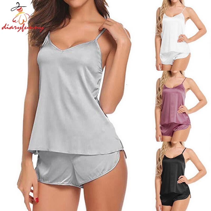 Women Sexy Simulation Silk Thin Set V-neck Camisole Sleeveless Shorts Female Pamas sleepwear terno women diaryfunny