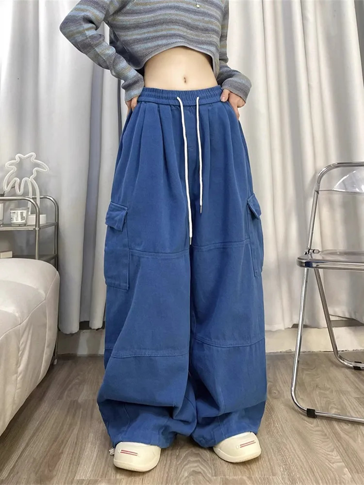 South Korean Y2K Fashion Brushed Casual Luggage Jeans Straight Wide Leg Sports Pants Trousers 240718
