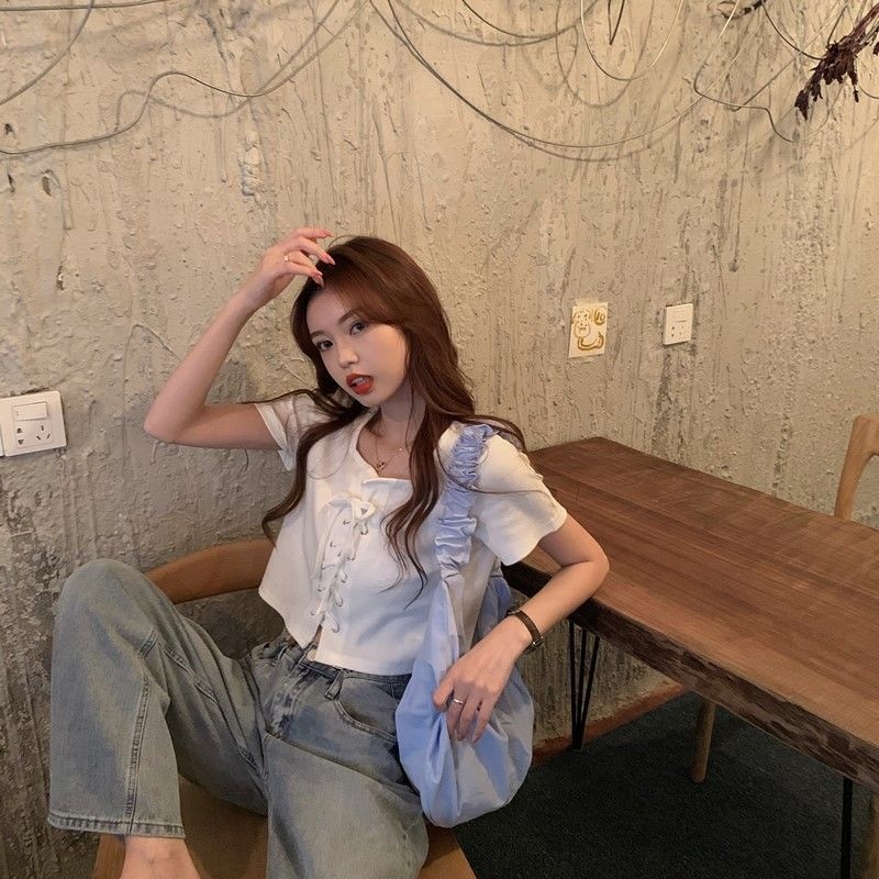 Korean Summer New Women Slim Versatile Lace-up Design Short Sleeve Top T-shirt