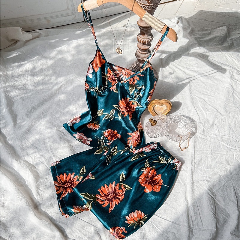 Floral Pama Ladies Sexy Silk Satin Sleepwear Set Top and Pant 2 Pices Beautiful Nightwear