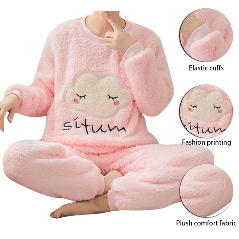 Women'S Flannel Veet Long Sleeve Thick Coral Pama Set For Autumn / Winter