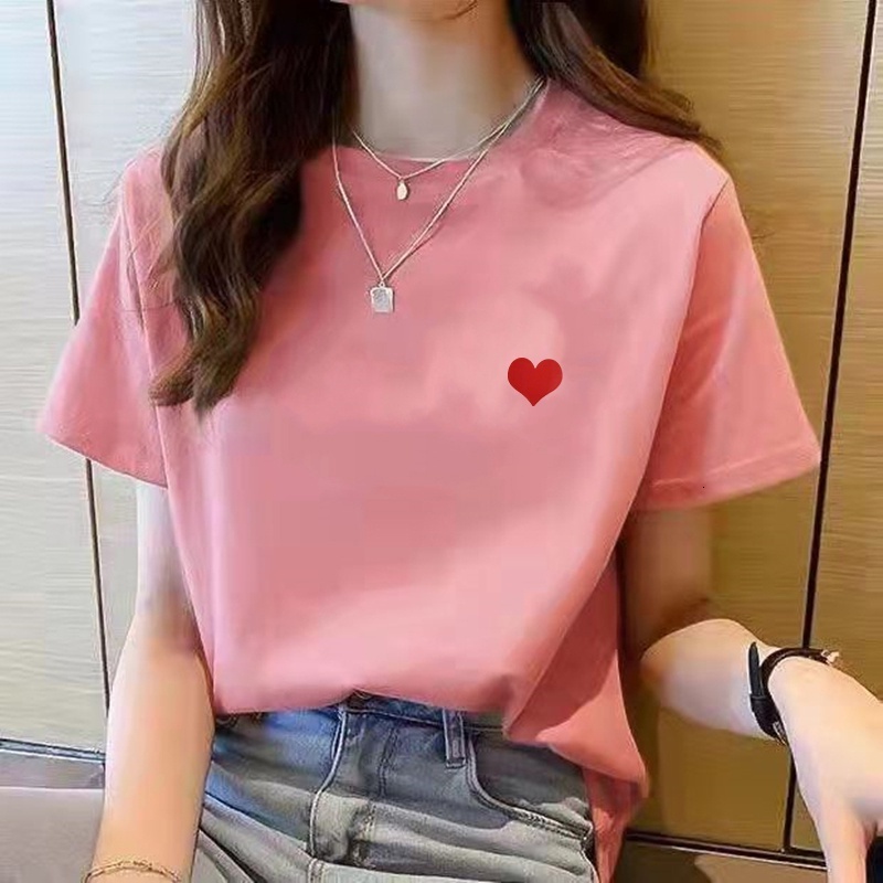 Women Simple Love Print Short Sleeve T-shirt Loose Top Korean Style Casual Tee