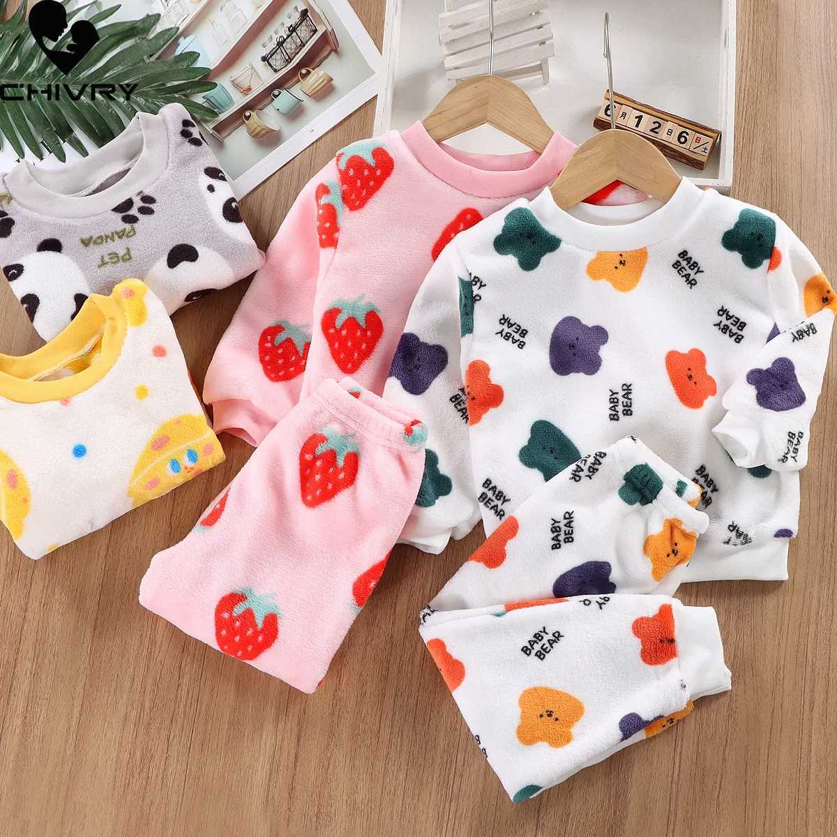 New autumn winter childrens thick warm flannel pajamas set baby boys and girls cartoon long sleeved O-neck clothing set pajamasW240716